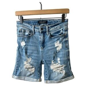 Judy Blue Shorts Womens S Jean Bermuda Distressed Stretch 6” Lightwash Cotton